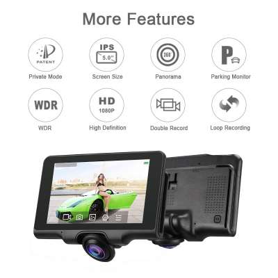 360DVR 5inch IPS screen Dash camera with rearview camera for Car